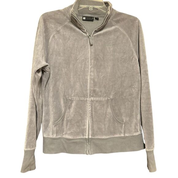 Carole Little Gray Velour Velvet Zip Up Jacket Sequin Rose Floral Wimsigoth M - Picture 2 of 7